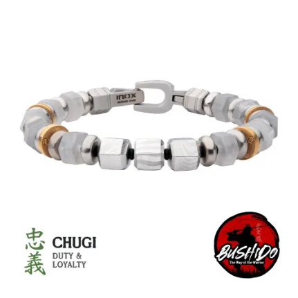 Men's 8mm Mokume Gane and White Quartz Beads Bushido Virtue Bracelet, 8.25"