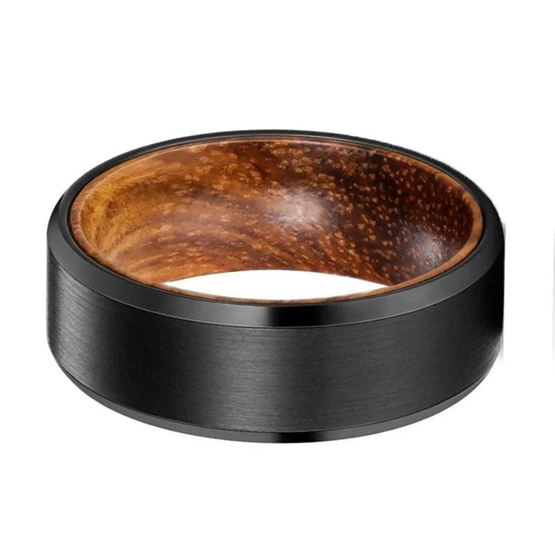 Men's Beveled Black Tungsten Wedding Band with Zebra Wood Sleeve - 6mm & 8mm