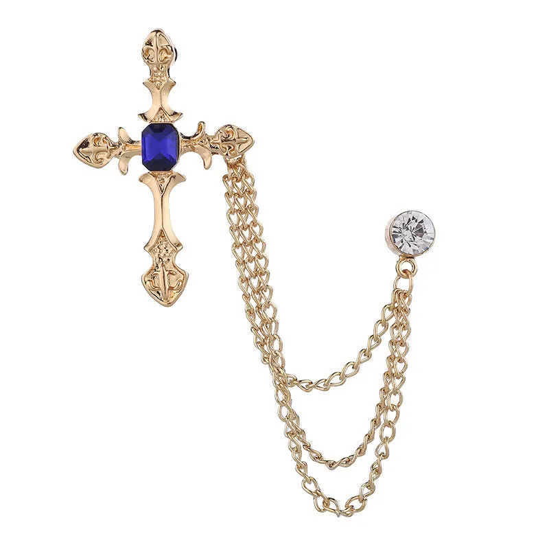 Men's Classic Cross Crystal Chain Brooch