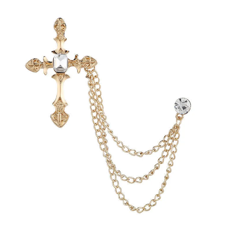 Men's Classic Cross Crystal Chain Brooch