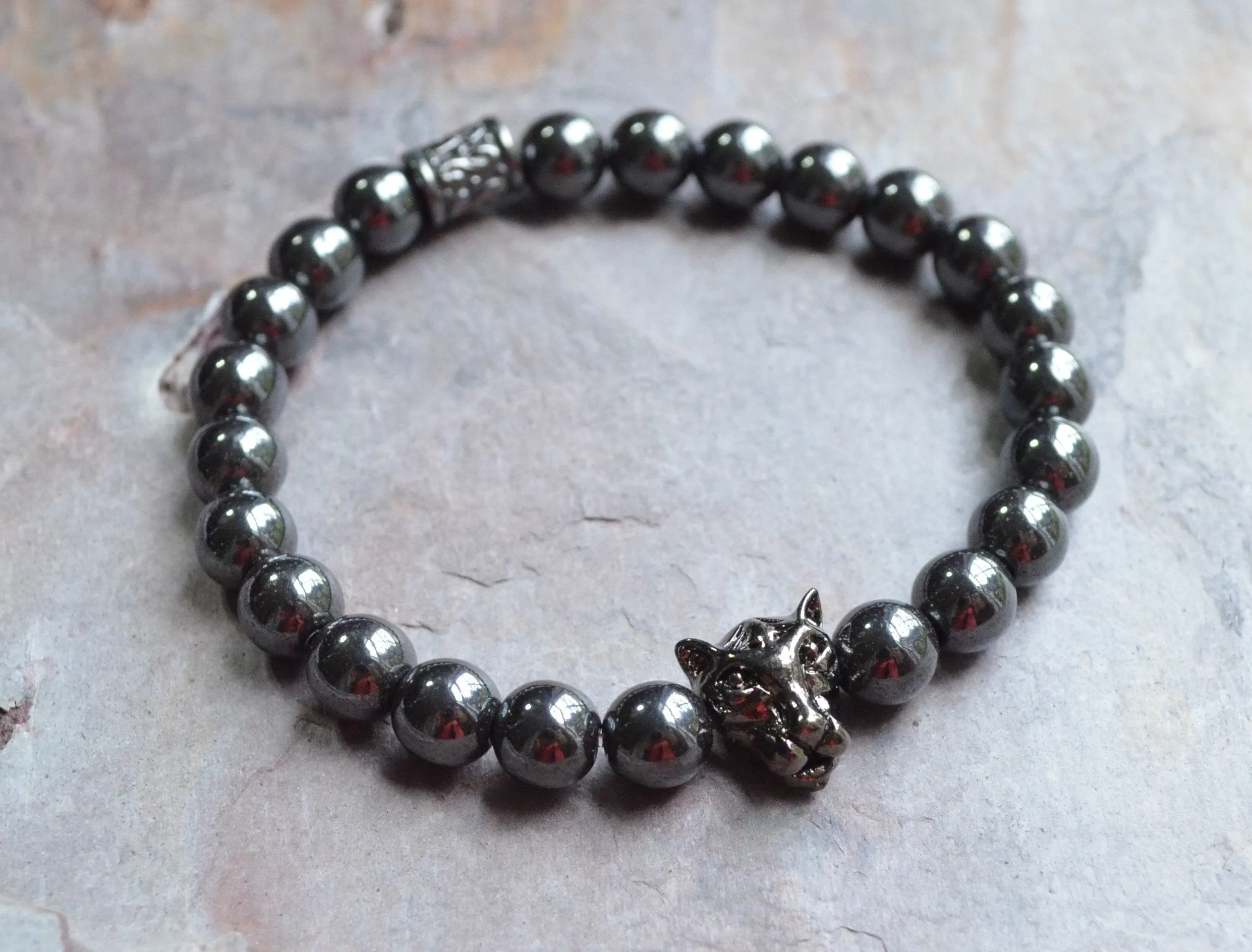 Mens Gray Stone Hematite Panther Bead Stretch Bracelet