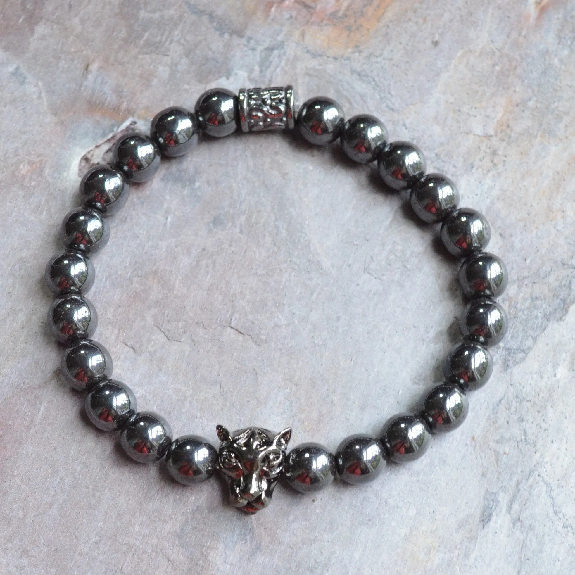 Mens Gray Stone Hematite Panther Bead Stretch Bracelet