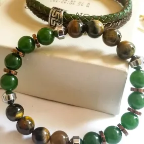 Men's Tiger and Green Jasper Leather Bracelet Set