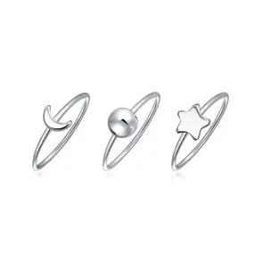 Minimalist Celestial Silver Ring Set: Sun Moon Star Knuckle Bands