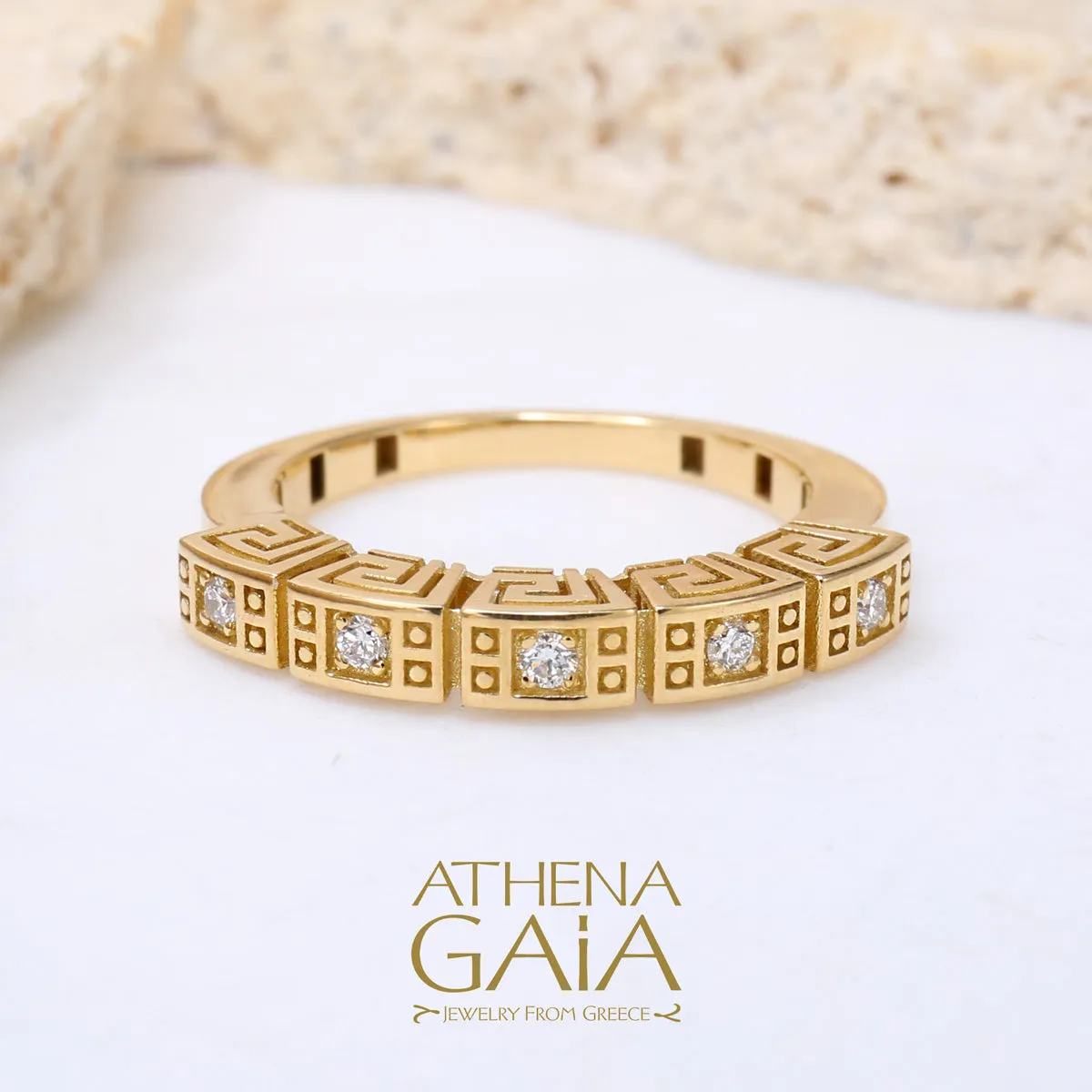 Mythical Greek Key Diamonds 5 Section Band Ring