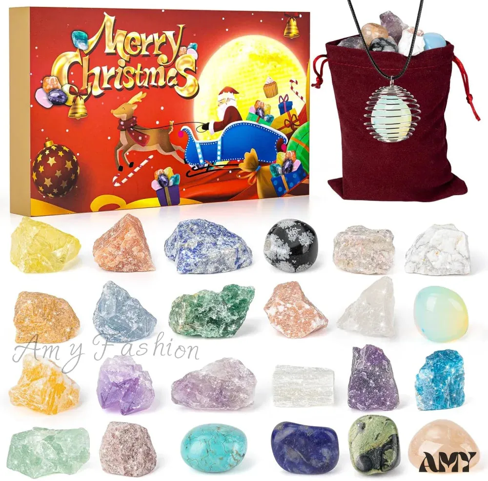 Natural Crystals & Minerals Advent Calendar with Necklace and Storage Bag