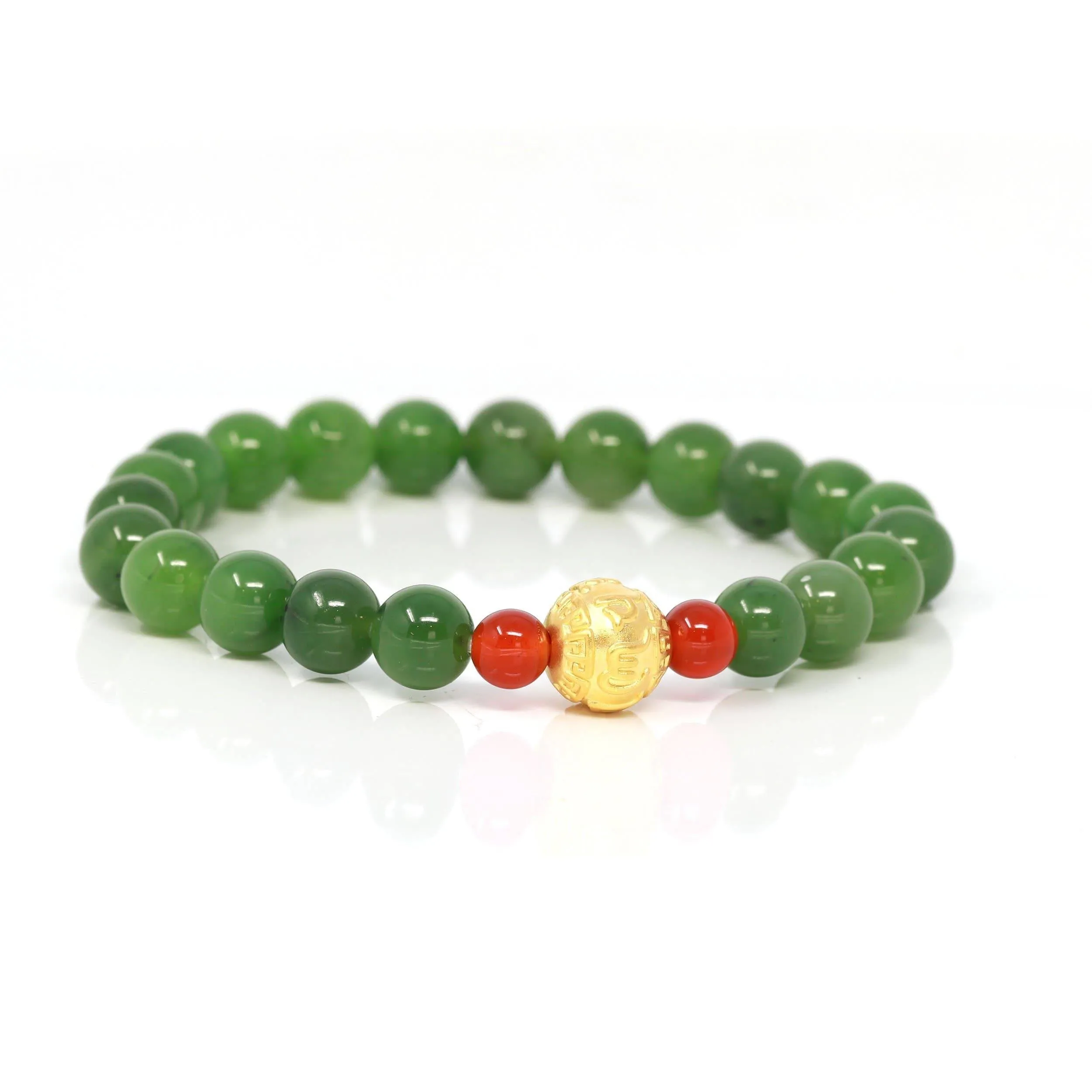 Natural Green Nephrite Jade Round Beads Bracelet 24K Pure Yellow Gold Buddha Symbol Charm( 8 mm )