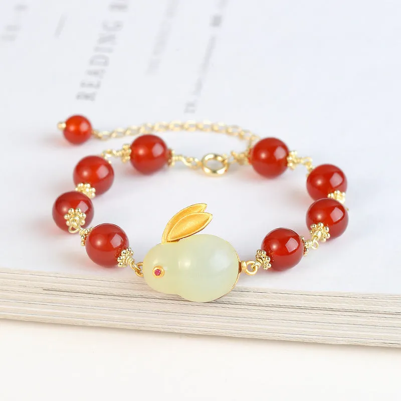 Natural Hotan Jade Rabbit Bracelet with 14K Gold Plated Red Agate Tail Chain