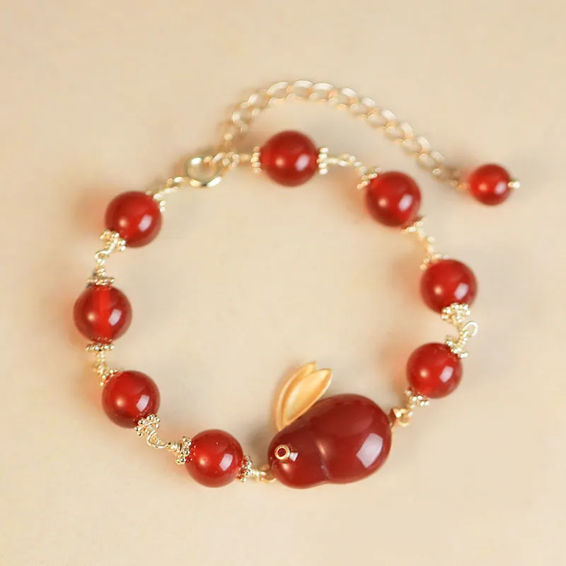 Natural Hotan Jade Rabbit Bracelet with 14K Gold Plated Red Agate Tail Chain