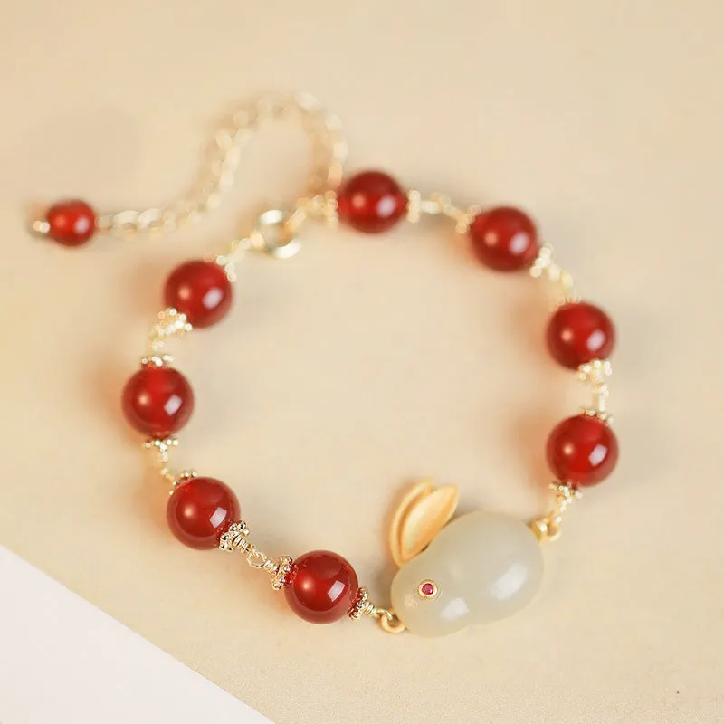 Natural Hotan Jade Rabbit Bracelet with 14K Gold Plated Red Agate Tail Chain