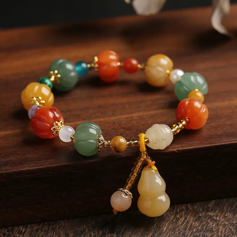 Natural Jade Carved Pumpkin Bead Lucky Feng Shui Bracelet