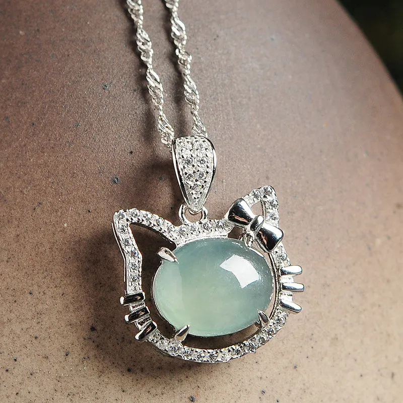 Natural Jade Pendant Jadeite Silver Kitty Pendant PT7