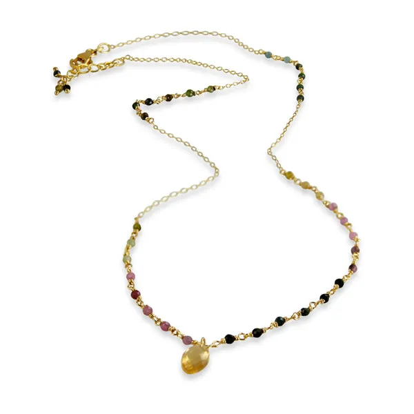 Necklace - Stone & Chain Mixed Tourmaline with Citrine Pendant Gold Plated Sterling Silver 17"