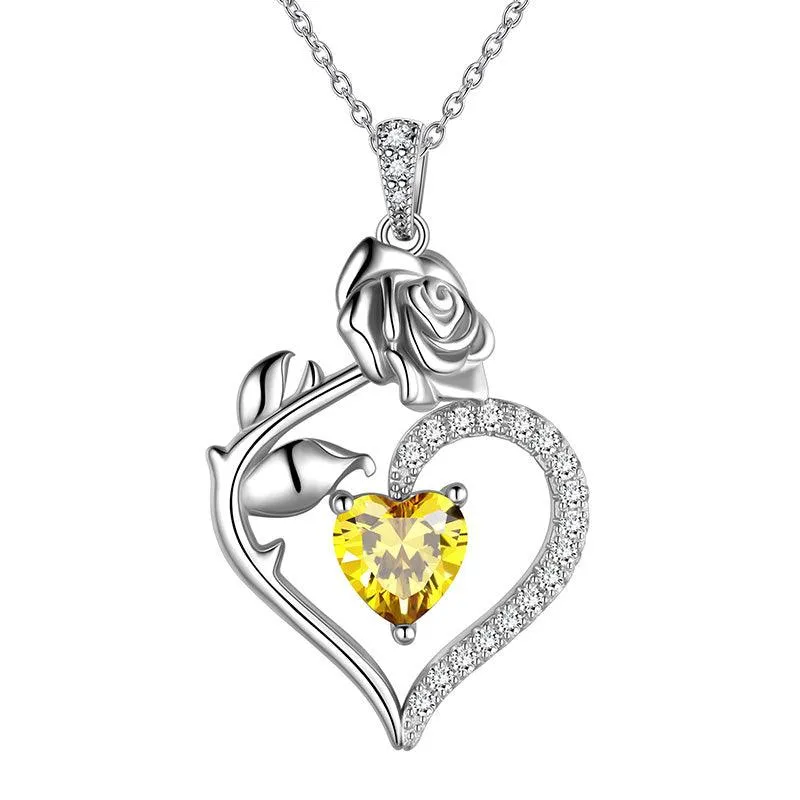 November Citrine Necklace Women Heart Birthstone Pendant Flower Rose Jewelry Birthday Gifts