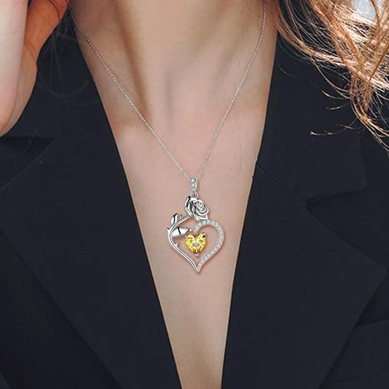 November Citrine Necklace Women Heart Birthstone Pendant Flower Rose Jewelry Birthday Gifts