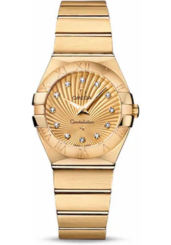 Omega Ladies Constellation Quartz Watch - 27 mm Brushed Yellow Gold Case - Champagne Diamond Dial - 123.50.27.60.58.001