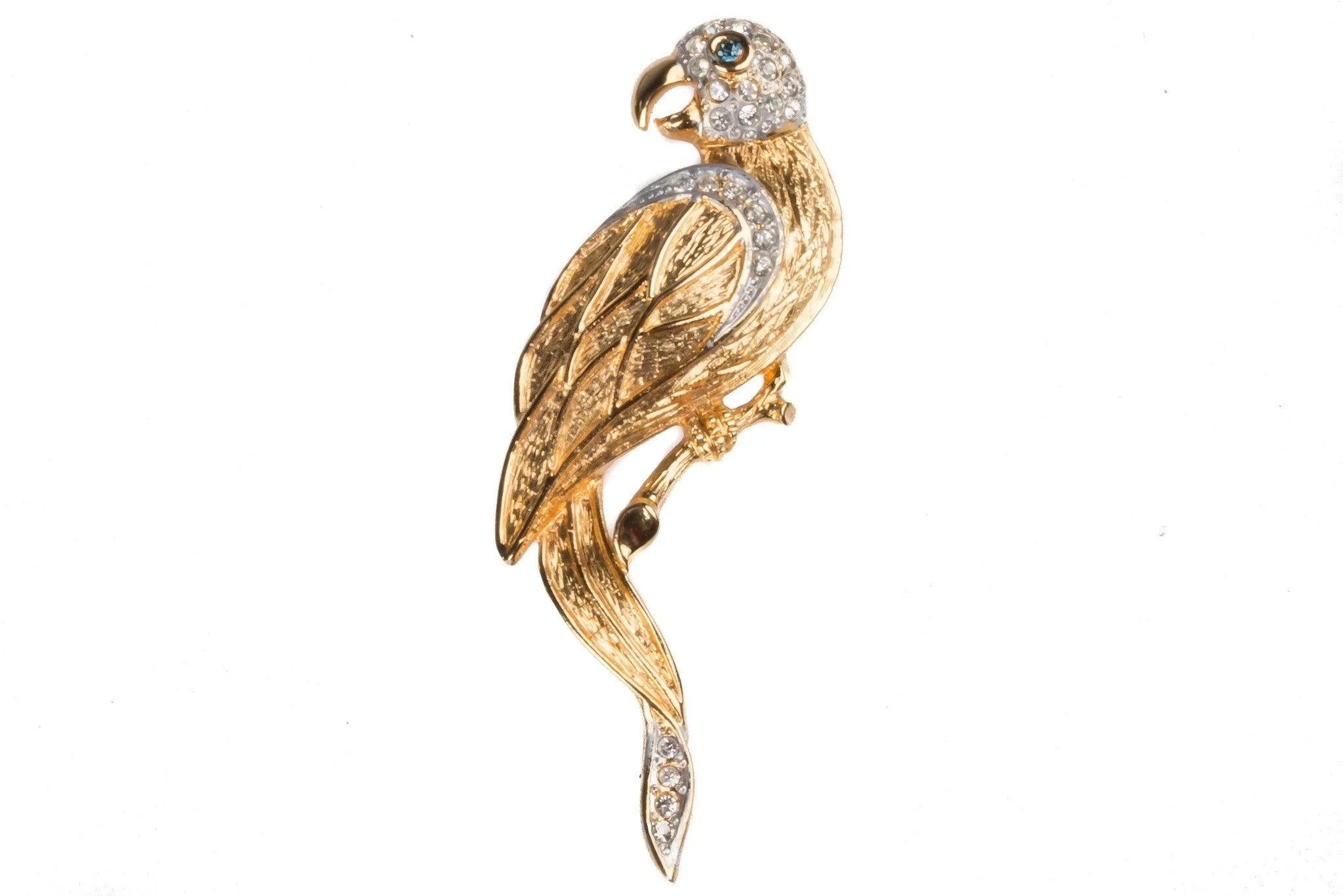 Parrot shaped gold tone diamante brooch