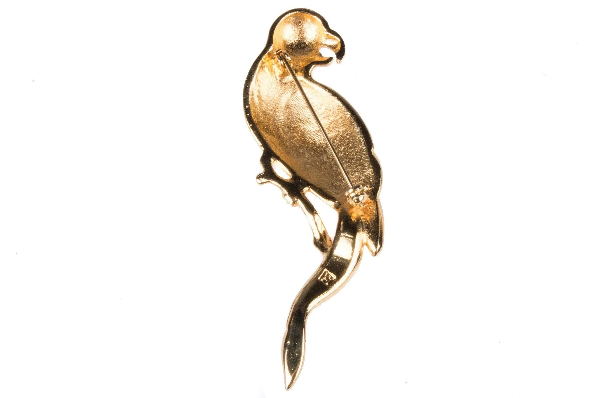 Parrot shaped gold tone diamante brooch