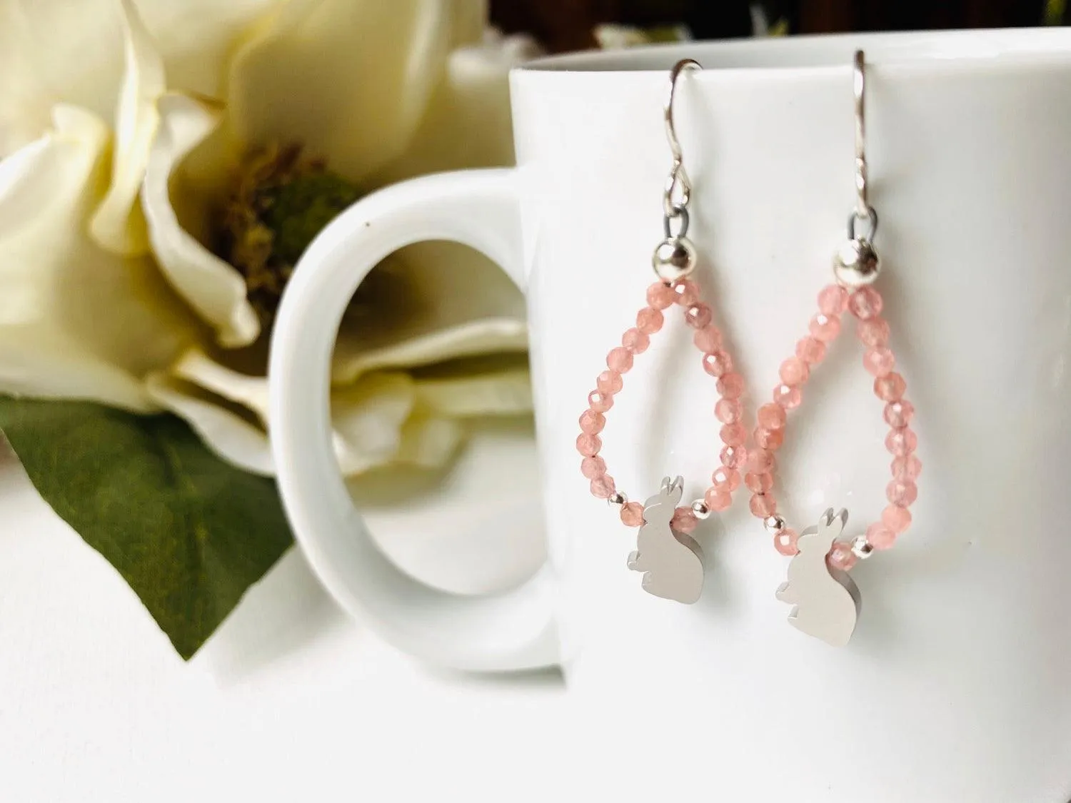 Peach Rabbit Teardrop Hoop Earrings/Rhodochrosite Earrings