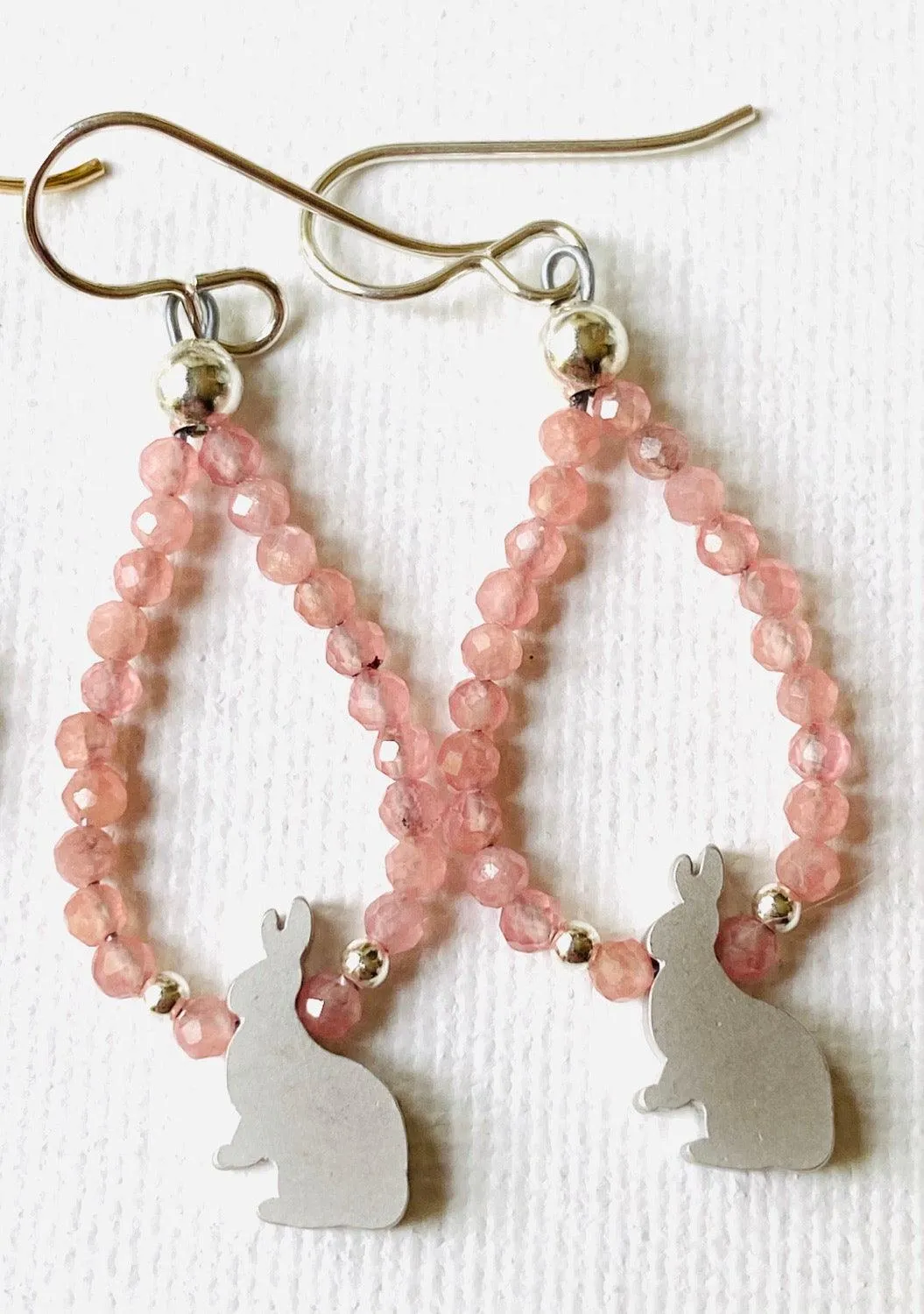 Peach Rabbit Teardrop Hoop Earrings/Rhodochrosite Earrings