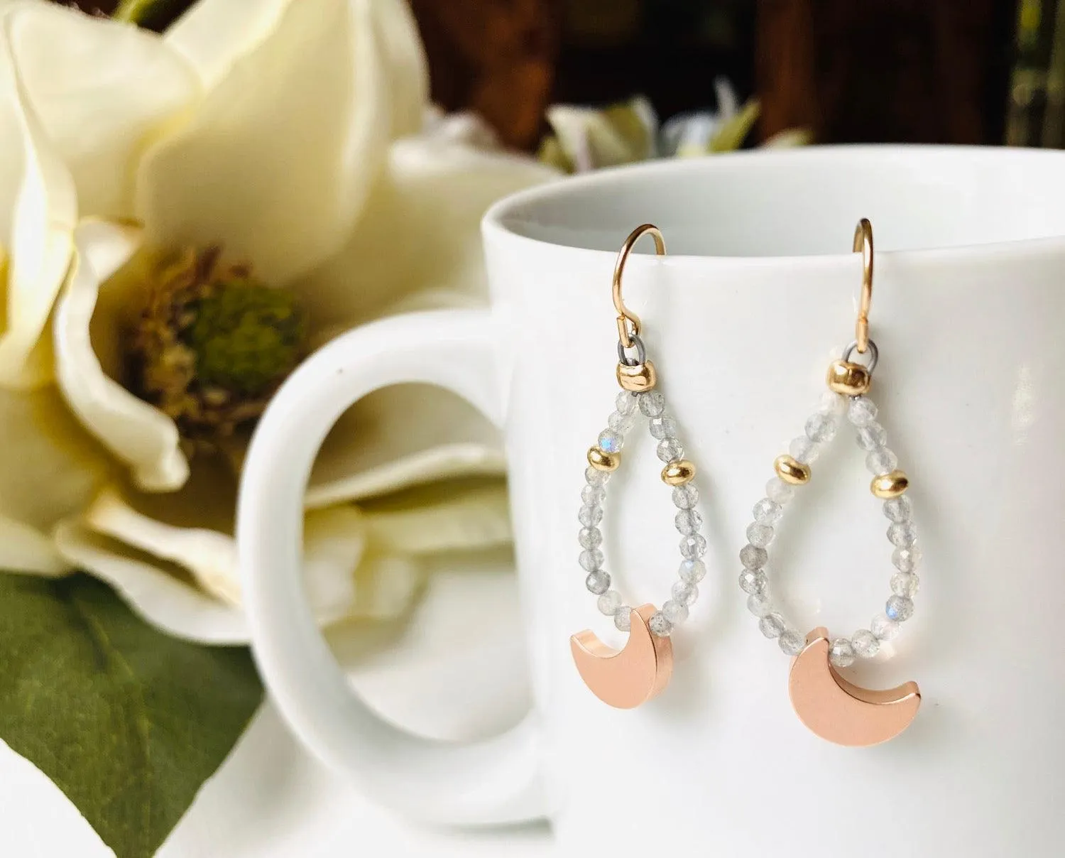 Peach Rabbit Teardrop Hoop Earrings/Rhodochrosite Earrings