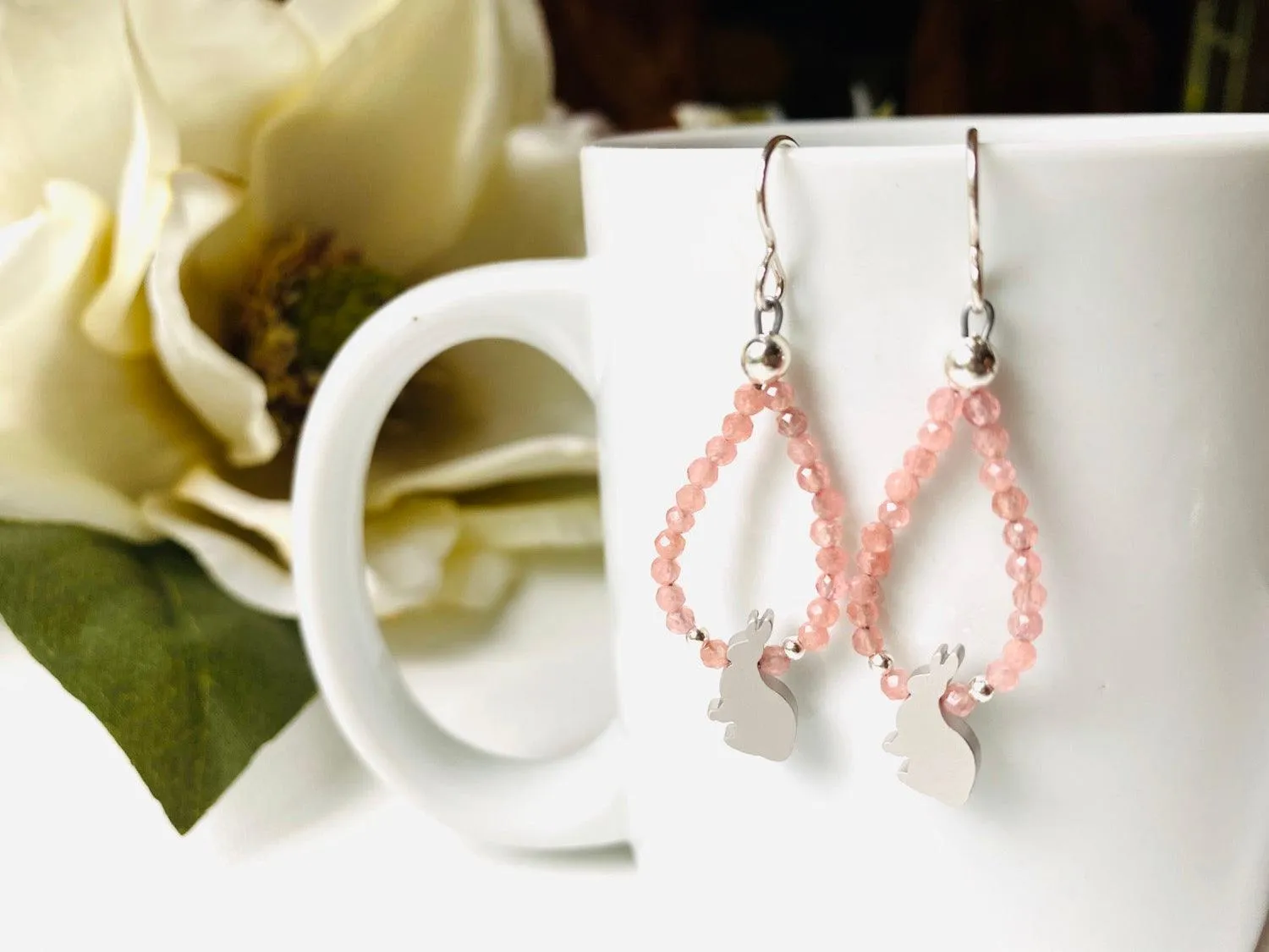 Peach Rabbit Teardrop Hoop Earrings/Rhodochrosite Earrings