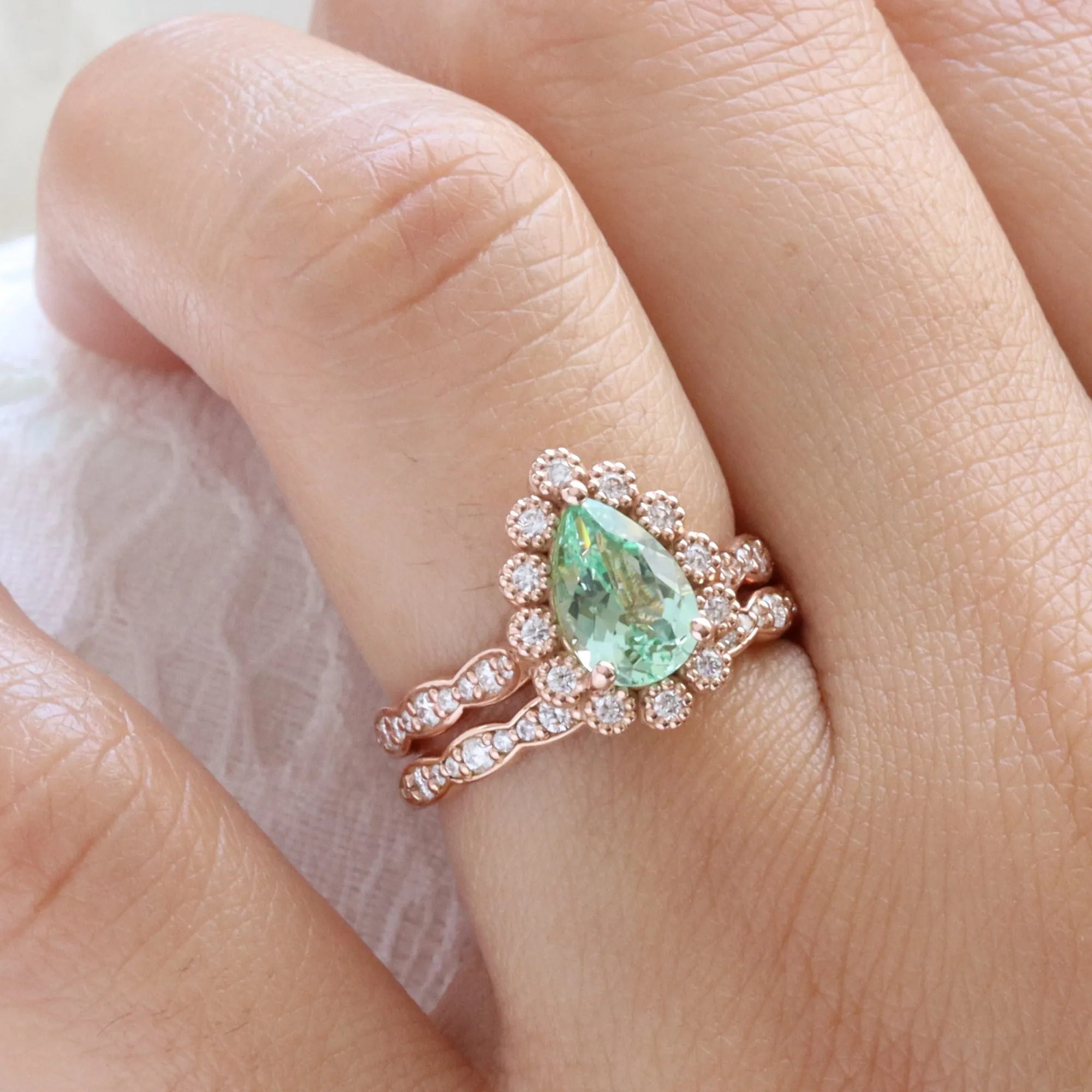 Pear Green Sapphire Ring Bridal Set w/ Matching Diamond Band in Vintage Luna Halo