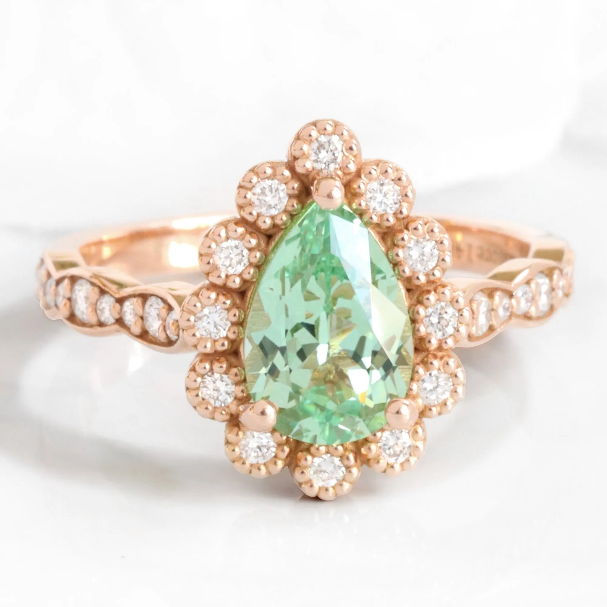 Pear Green Sapphire Ring Bridal Set w/ Matching Diamond Band in Vintage Luna Halo