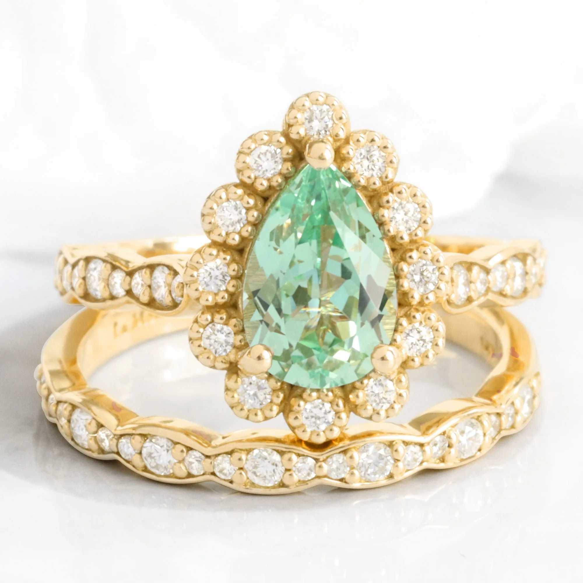 Pear Green Sapphire Ring Bridal Set w/ Matching Diamond Band in Vintage Luna Halo