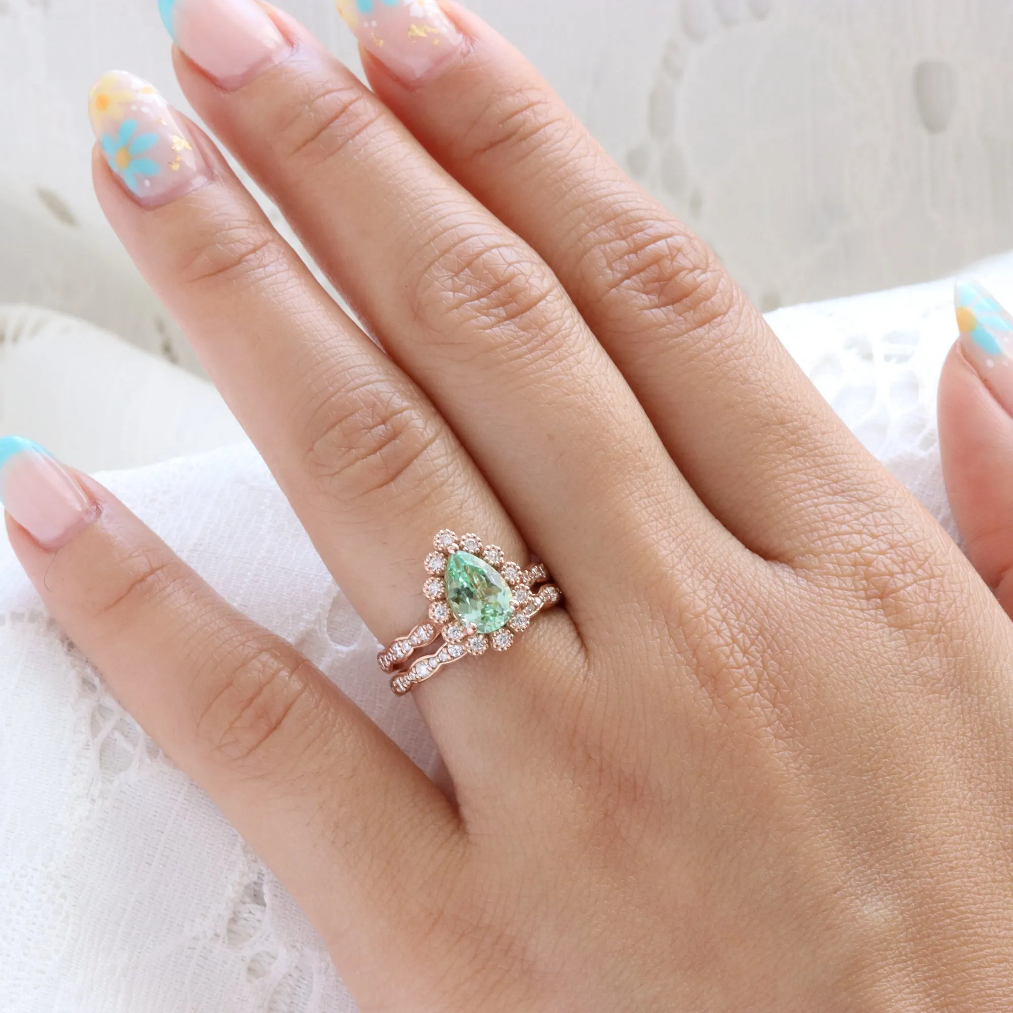 Pear Green Sapphire Ring Bridal Set w/ Matching Diamond Band in Vintage Luna Halo