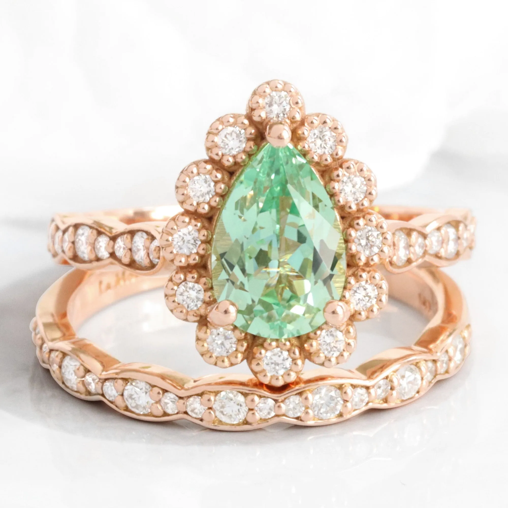 Pear Green Sapphire Ring Bridal Set w/ Matching Diamond Band in Vintage Luna Halo