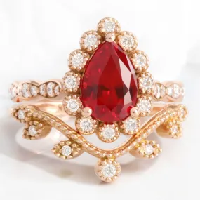 Pear Ruby Diamond Ring Bridal Set w/ Leaf Wedding Band in Vintage Luna Halo