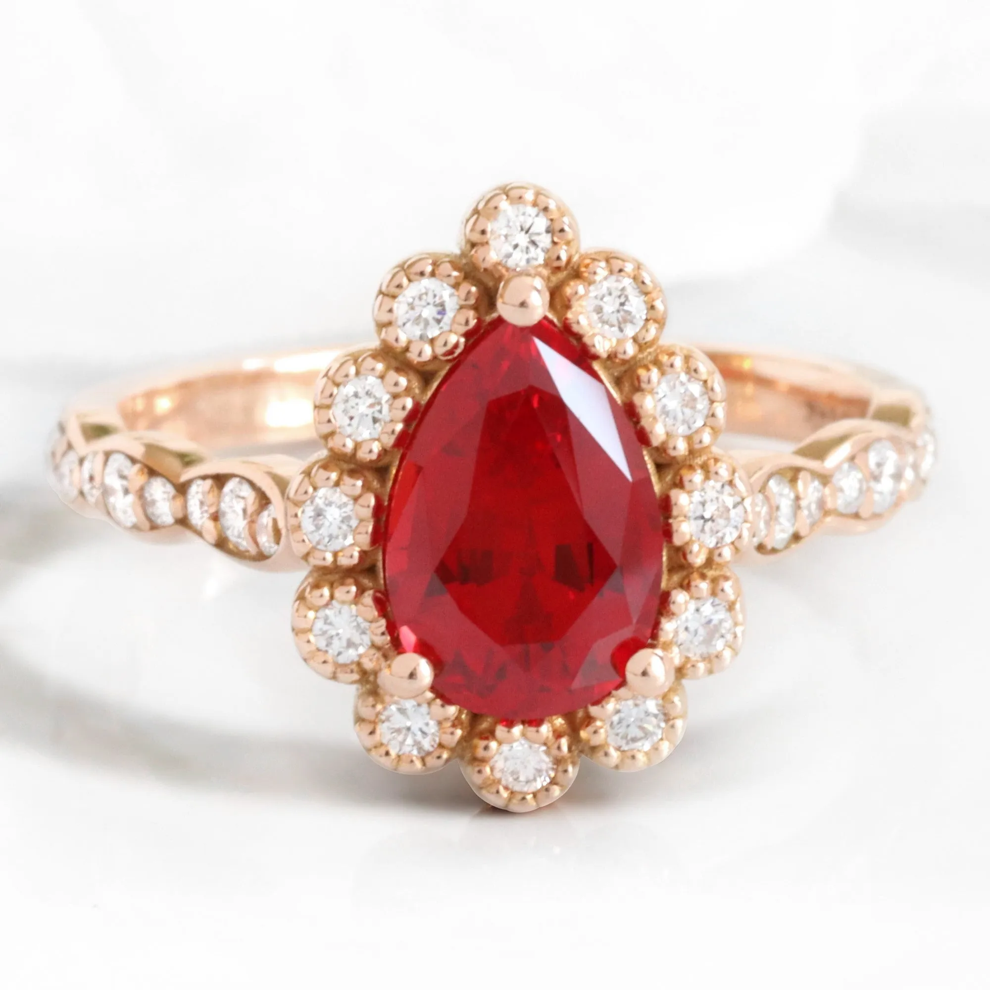 Pear Ruby Diamond Ring Bridal Set w/ Leaf Wedding Band in Vintage Luna Halo