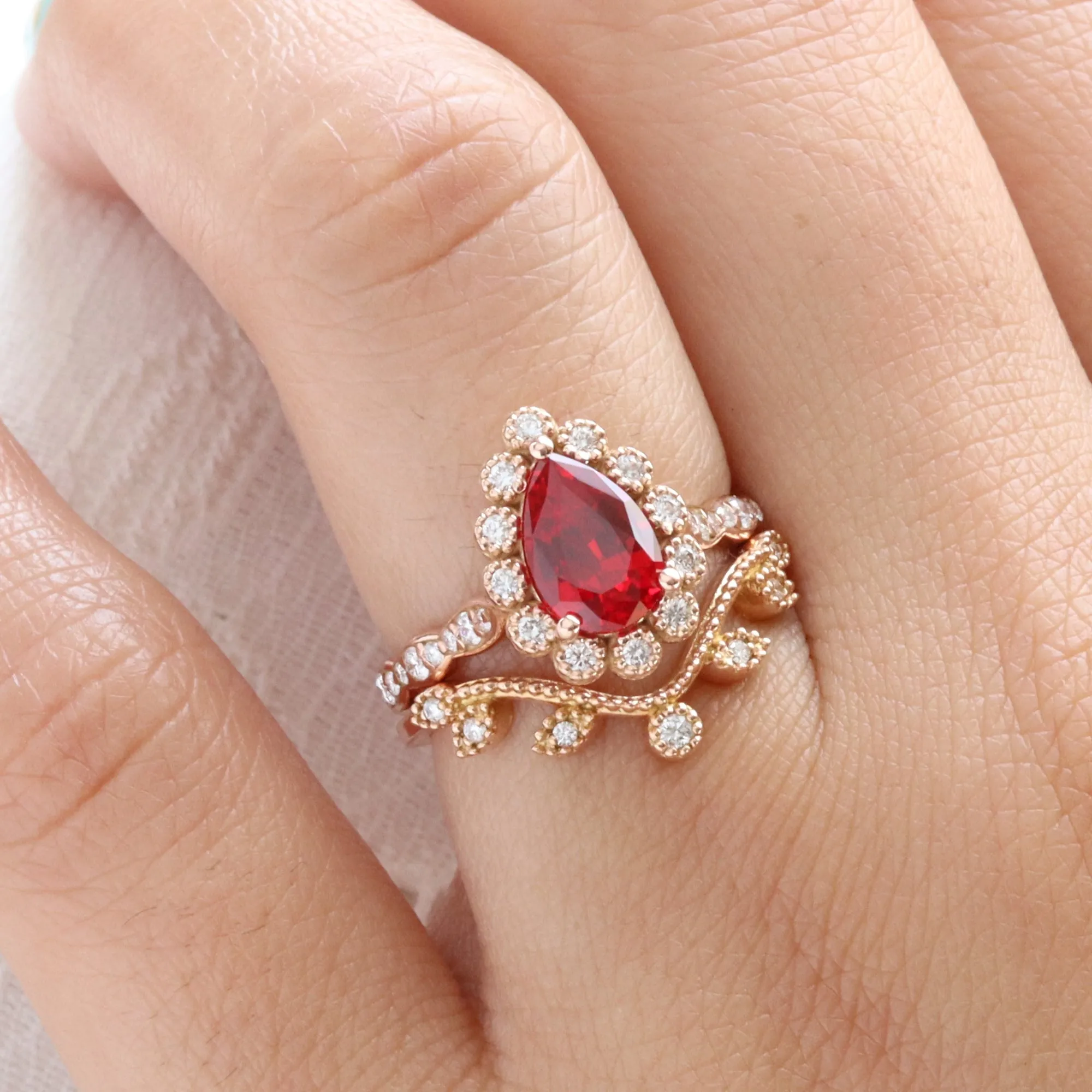 Pear Ruby Diamond Ring Bridal Set w/ Leaf Wedding Band in Vintage Luna Halo