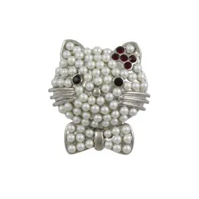 Pearl Studded Cat Head with Red Crystal Bow Brooch Pin - PRP110