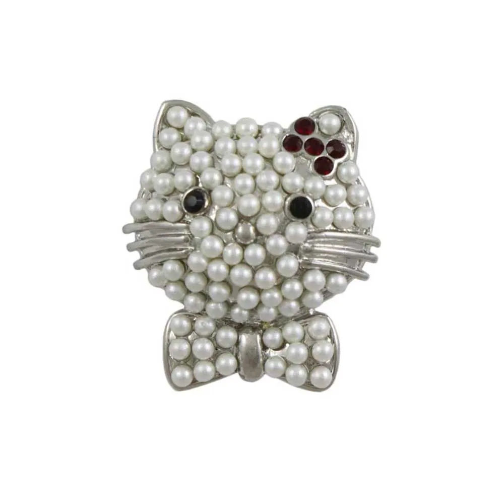 Pearl Studded Cat Head with Red Crystal Bow Brooch Pin - PRP110