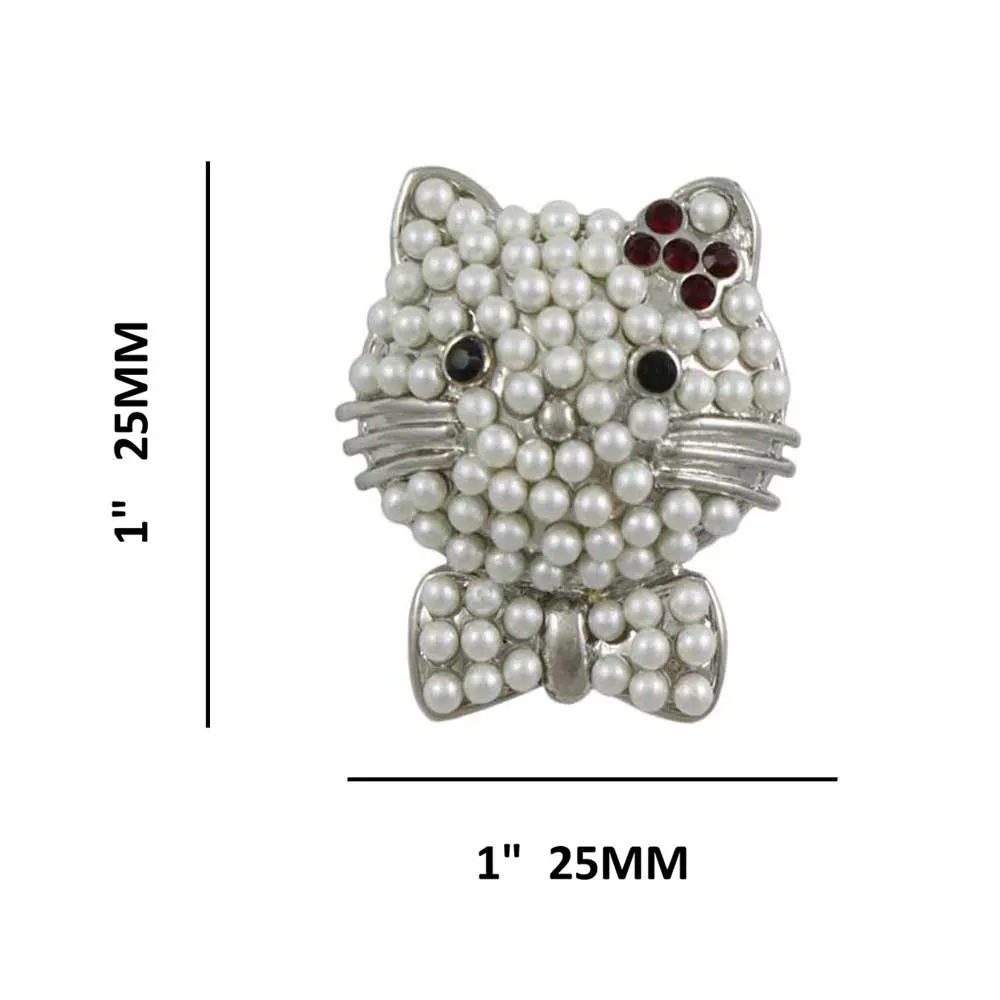 Pearl Studded Cat Head with Red Crystal Bow Brooch Pin - PRP110