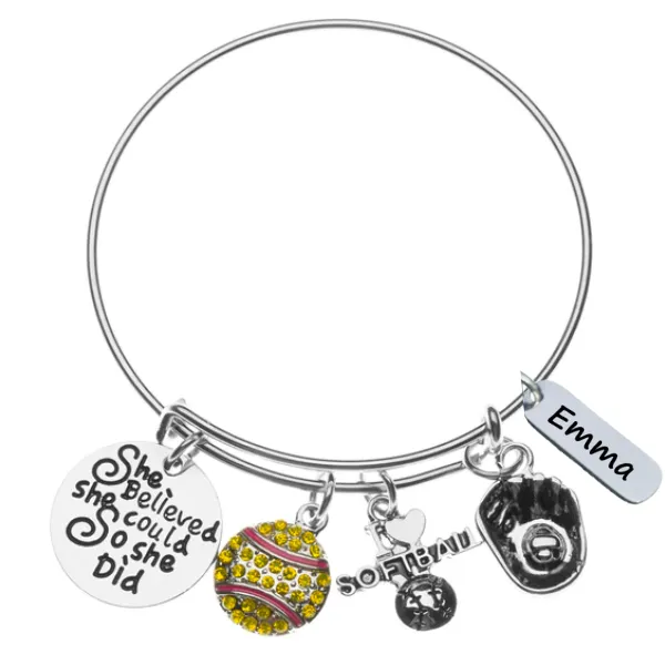 Personalized Engraved Softball She Believe She Could So She Did Charm Bracelet