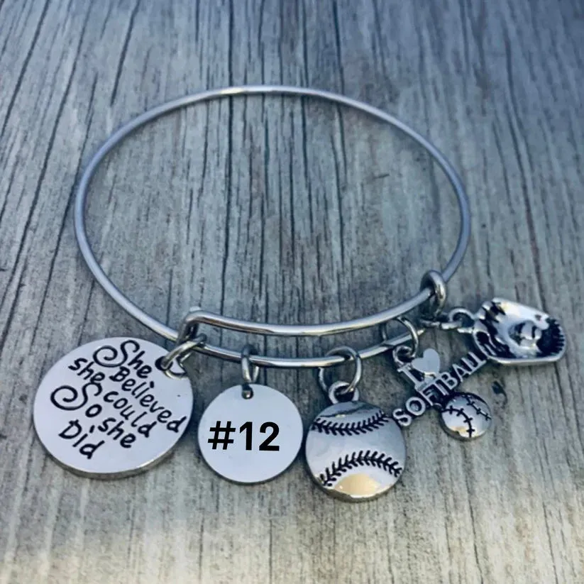 Personalized Engraved Softball She Believe She Could So She Did Charm Bracelet