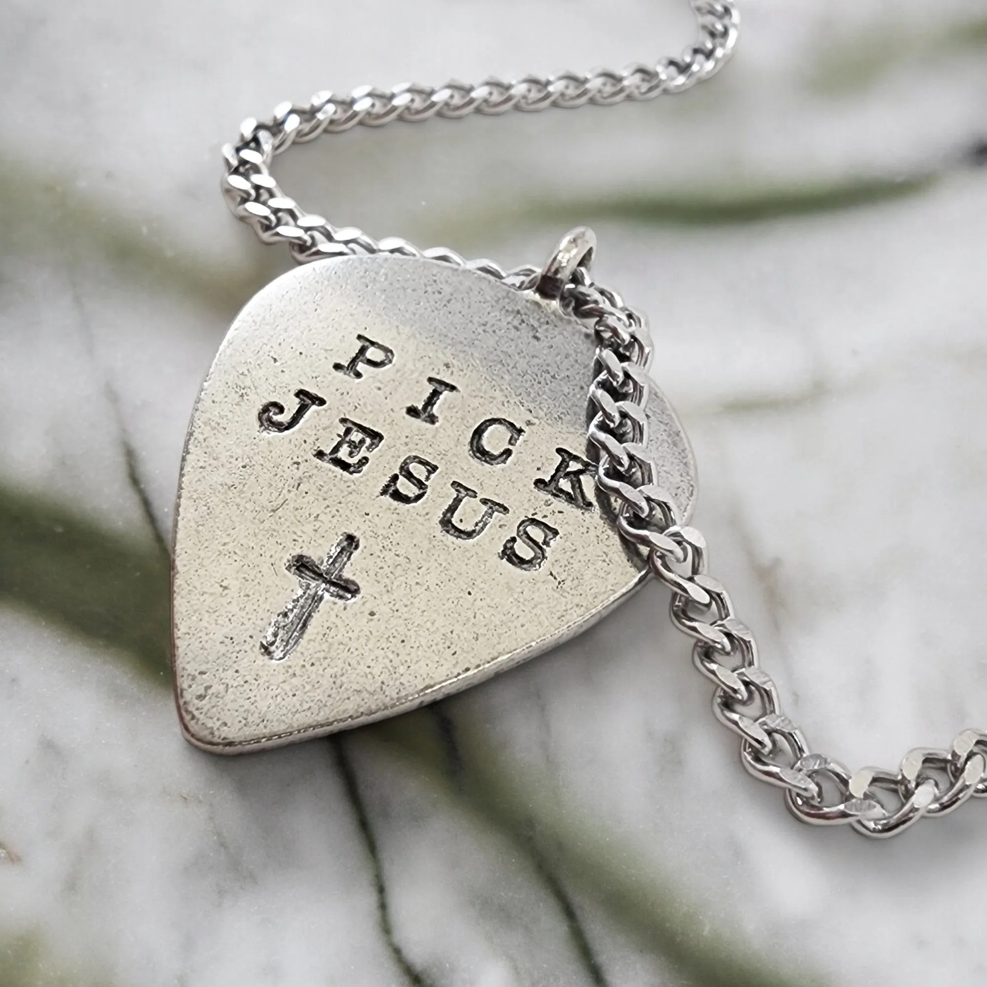 Pick Jesus Cross Antique Silver Finish Guitar Pick Pendant Chain Necklace