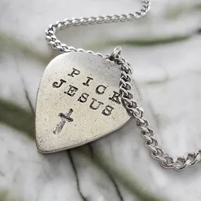 Pick Jesus Cross Antique Silver Finish Guitar Pick Pendant Chain Necklace