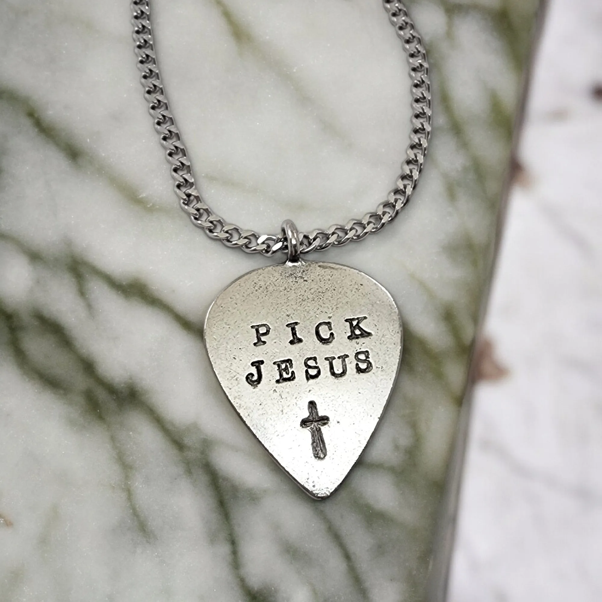 Pick Jesus Cross Antique Silver Finish Guitar Pick Pendant Chain Necklace