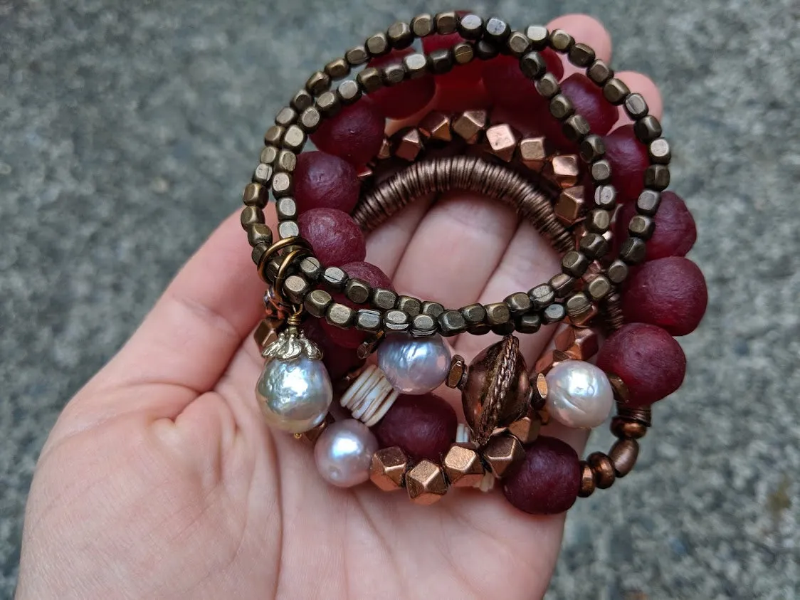 Pink Pearl & Burgundy Sea Glass Elastic Bracelet