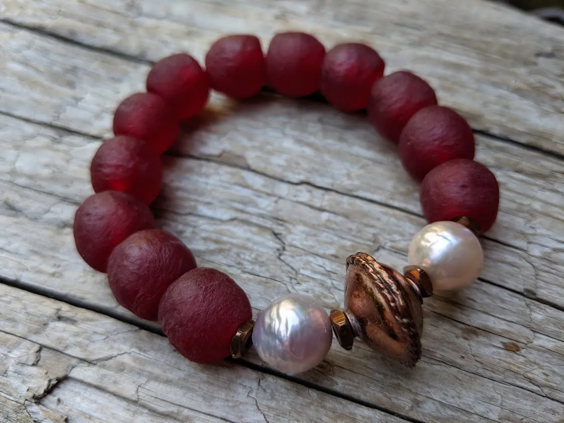 Pink Pearl & Burgundy Sea Glass Elastic Bracelet