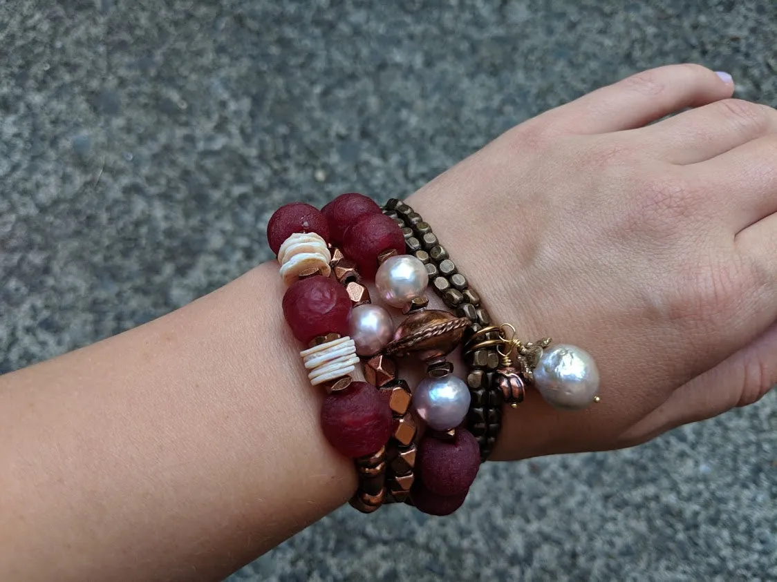 Pink Pearl & Burgundy Sea Glass Elastic Bracelet