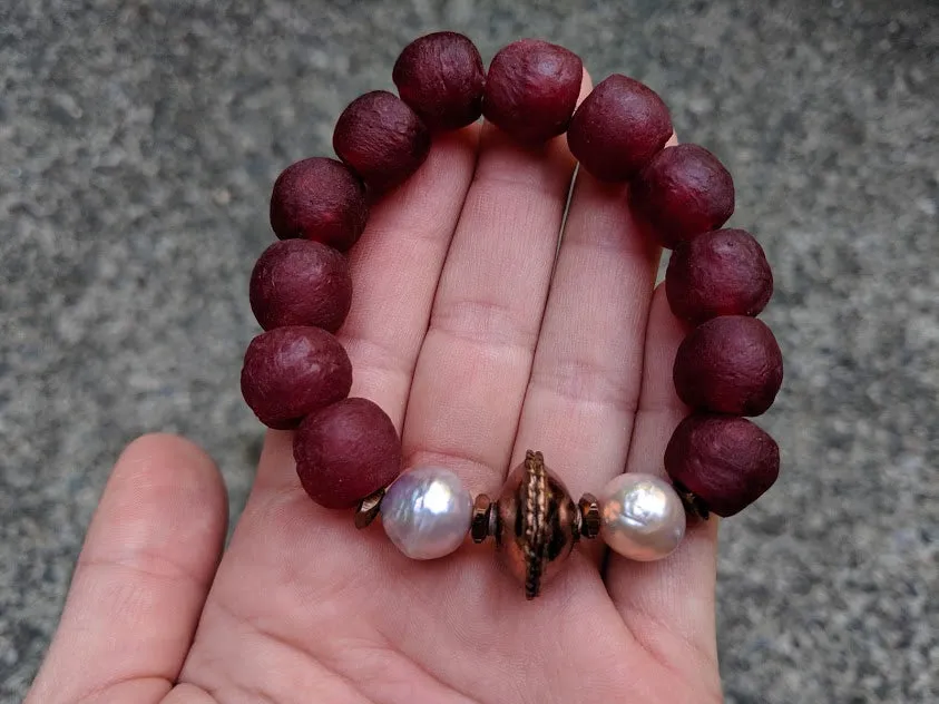 Pink Pearl & Burgundy Sea Glass Elastic Bracelet