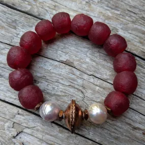 Pink Pearl & Burgundy Sea Glass Elastic Bracelet