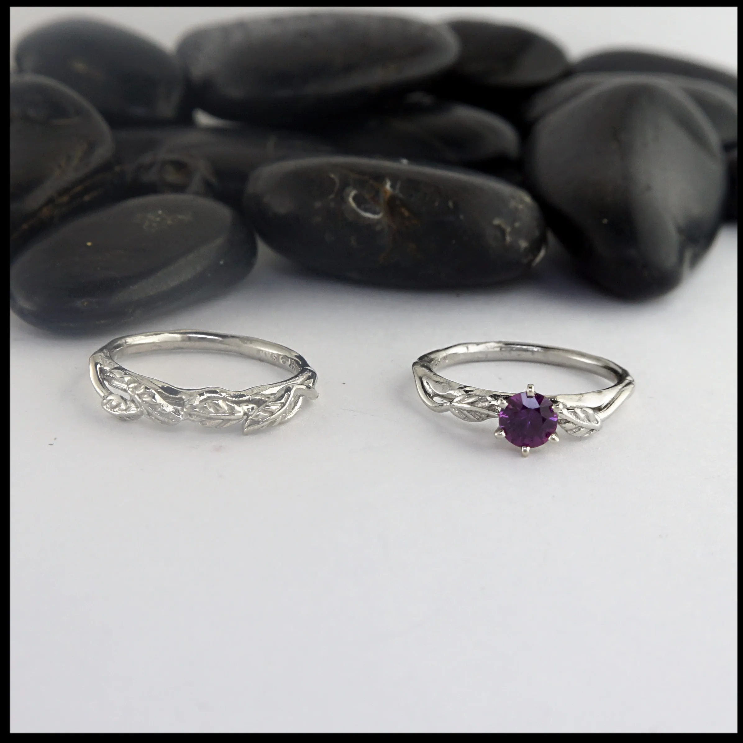 Pink Sapphire Leaf and Vine Wedding Set