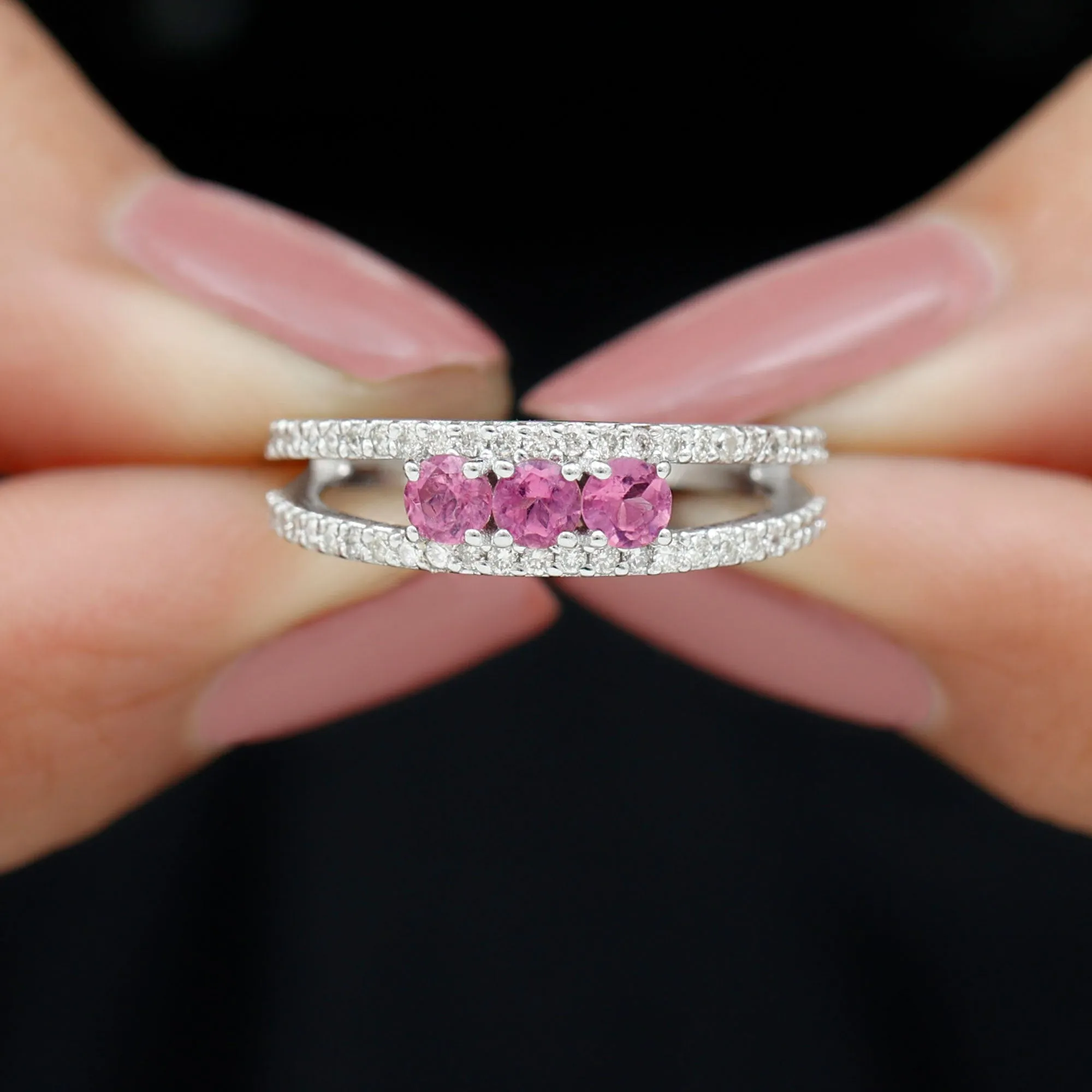 Pink Tourmaline and Diamond Split Shank Anniversary Ring