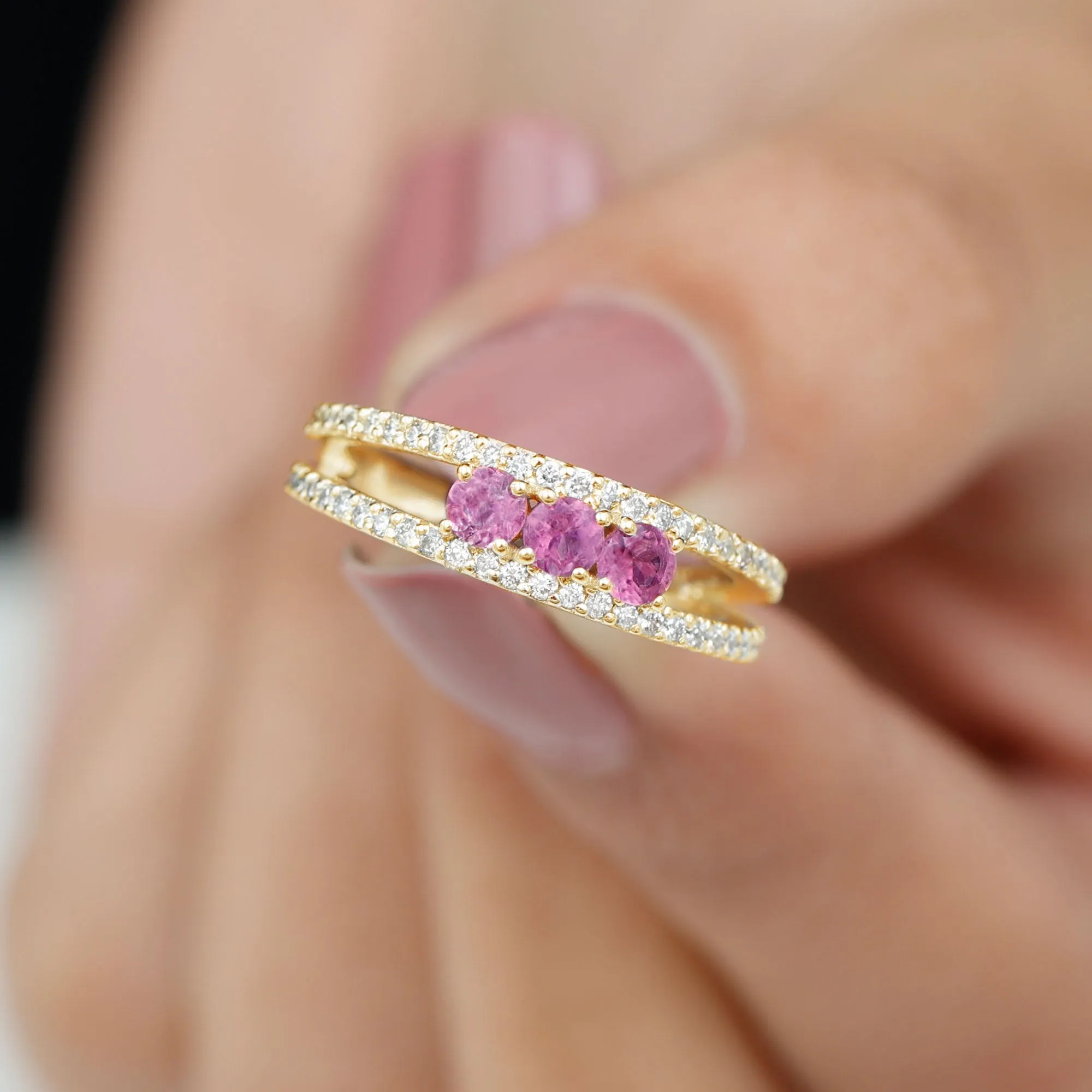 Pink Tourmaline and Diamond Split Shank Anniversary Ring